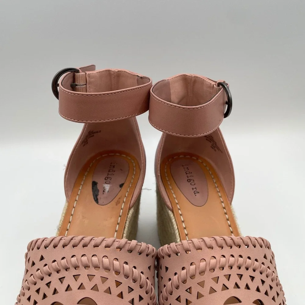 Indigo Rd Jordie Wedge Sandals‎ Pink Laser Cut Espadrille Womens 9 Boho Platform